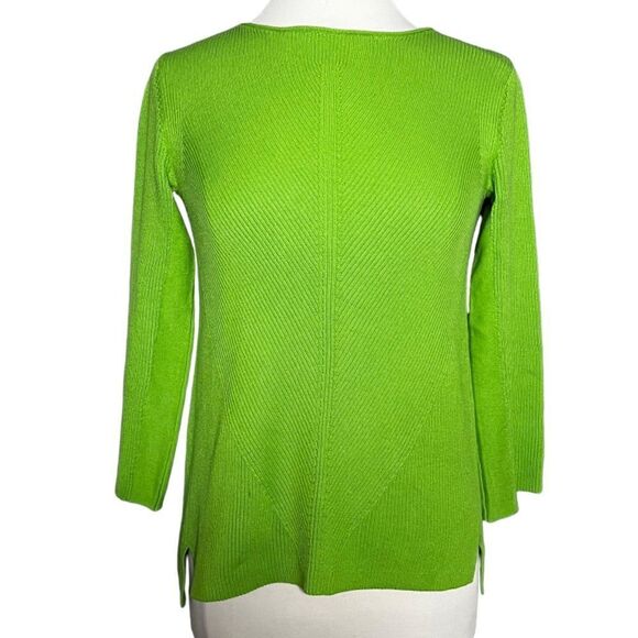 DAMASK DIRECTIONAL Ribbed Knit Split Hem 3/4 Sleeve Cotton A-Line Sweater - Picture 1 of 8